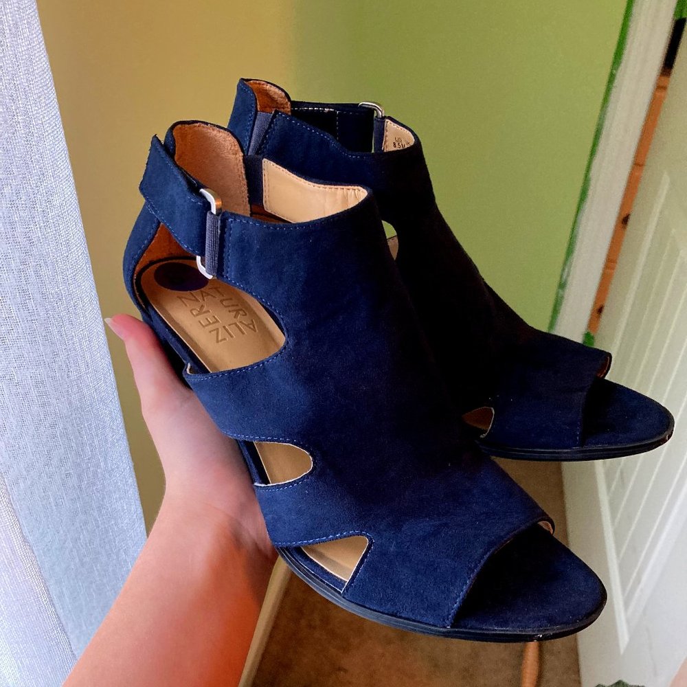 NATURALIZER Deep Blue Faux Suede Lexie Open-toe Block Heels